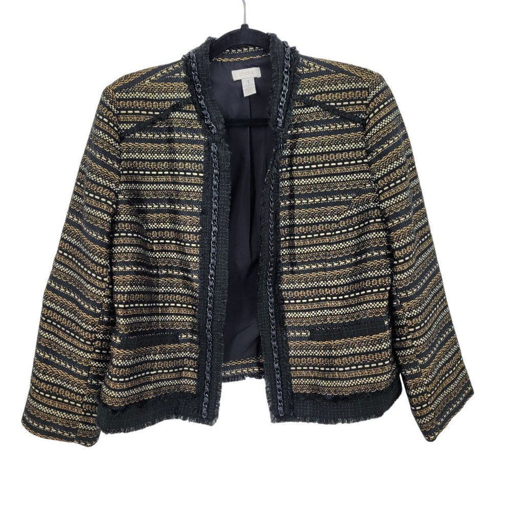 Chico's Boucle Tweed‎ Blazer Size 1 M Black Gold Metallic Striped Chain Trim